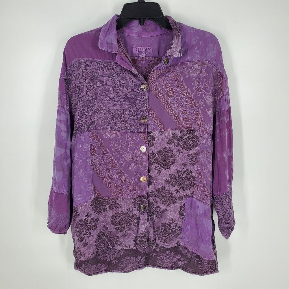 Citron Purple Patchwork Floral Paisley Print Button Down Top